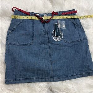 Karen Scott Denim Mini Skirt with Red Braided Belt